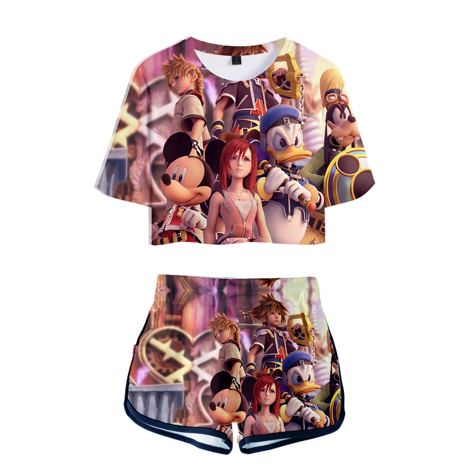 Футболки с принтом «Kingdom Hearts Midriff», шорты, комплекты для женщин,, аниме, 3D, крутой сексуальный костюм, милые женские летние отличные костюмы для девочек в стиле хип-хоп