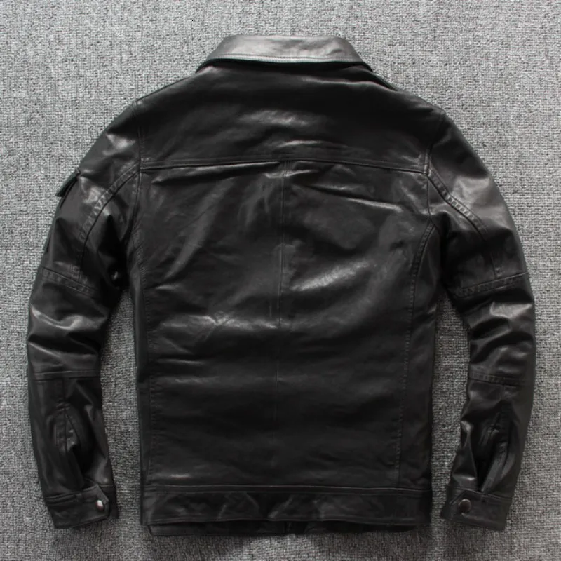 

Autumn New Punck Sheep Leather Mens Moto Biker SheepSkin Slim Fit Turn Down Collar Short Leather Jacket Black Pockets Coat
