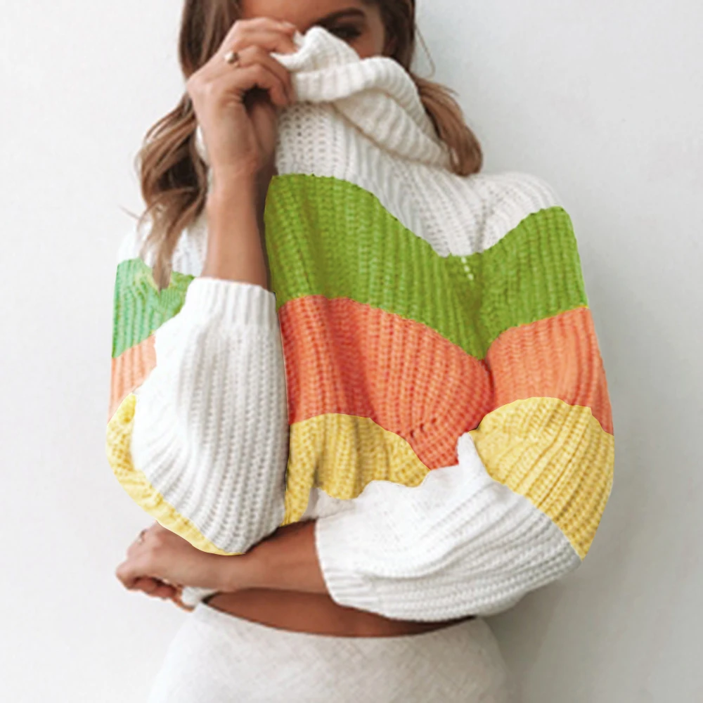 Women Sweater Fashion Turtleneck Long Sleeve Pullovers Ladies Multicolor Striped Knitted Casual Loose Slim Fit Sweaters 2019 New | Женская