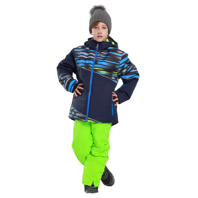 Лыжный костюм для мальчиков, зимний спортивный водонепроницаемый костюм для сноуборда, куртка+ зимние штаны, детский лыжный комплект с капюшоном, теплый и ветрозащитный - Цвет: green2