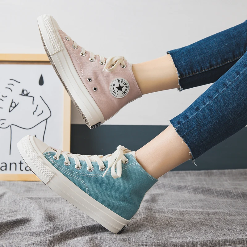 Fashion Shoes Woman Summer New Fashion Women Shoes Casual High Top Patchwork Canvas Women Casual Shoes Mixed Color Sneakers