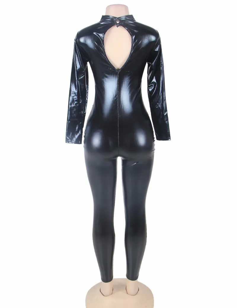 Women Synthetic Leather Jumpsuit Lace Fishnet Bodysuit Latex Catsuit Bondage Corset Strappy Teddy Suit Women Erotic Costume