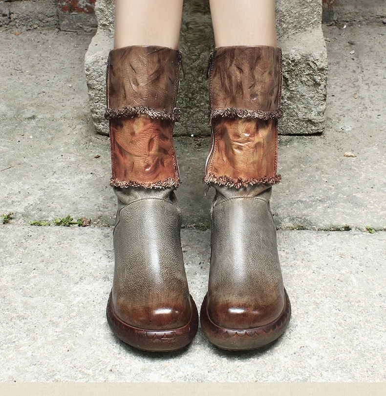 Xiangban/женские ботинки до середины икры; кожаные зимние ботинки на толстой платформе; женские кожаные ботинки на танкетке с круглым носком;