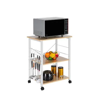 

Baker's Rack 3-Tier Kitchen Utility Microwave Oven Stand Storage Cart With 10 Hooks 4 Wheels Light Beige/Vintage