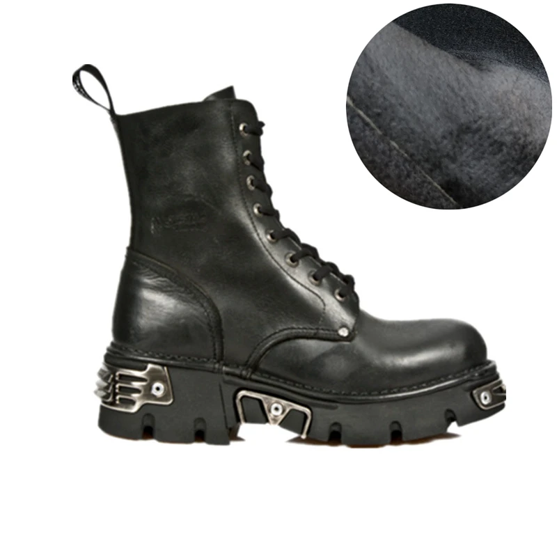 Women Black Motorcycle Boots Metal Decor Thich Bottom Shoes Lace Up Punk Shoes Fashion Microfiber Leather Casual Ankle Boots New - Цвет: plush in black