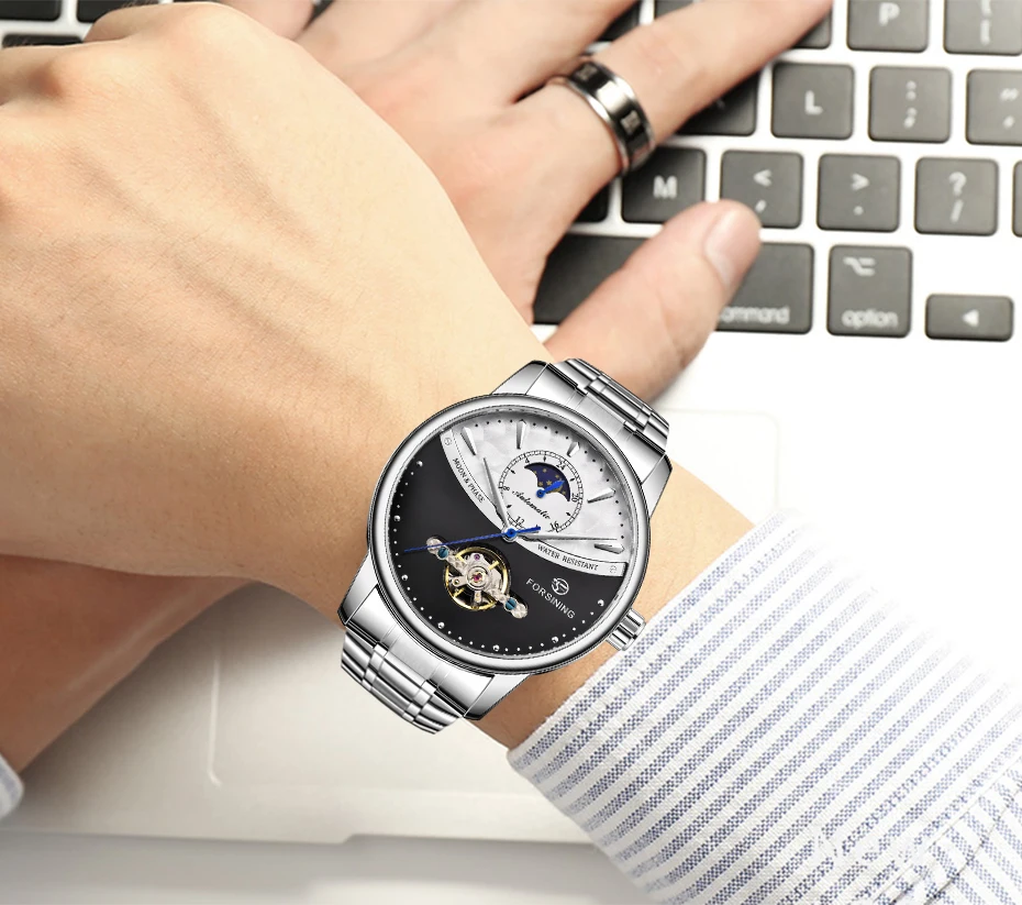 FORSINING Tourbillon водонепроницаемые механические мужские часы из нержавеющей стали с фазой Луны Автоматические наручные часы Relogio Masculino
