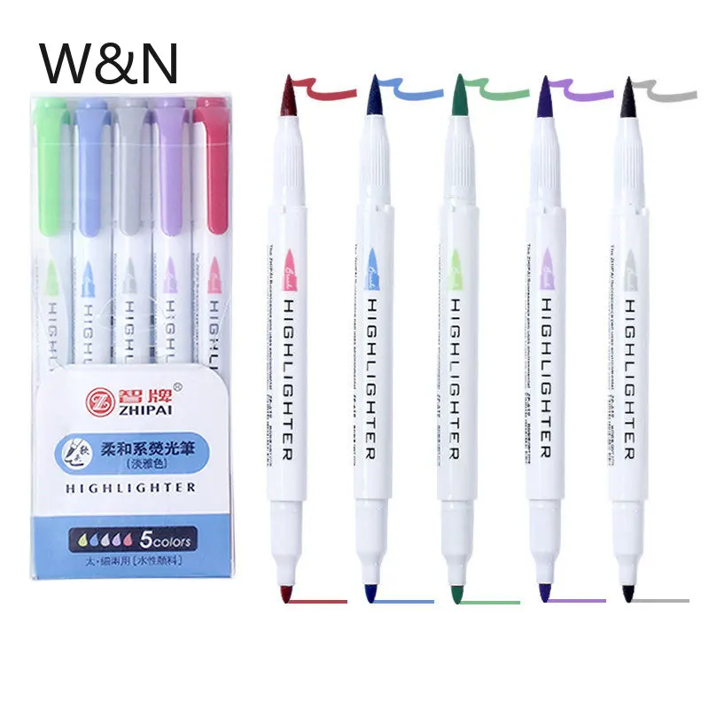 

5 Colors/box Mildliner Brush Pen Fluorescent Highlighters Marker Double Headed Round Toe Oblique Art Supply Japanese Stationery