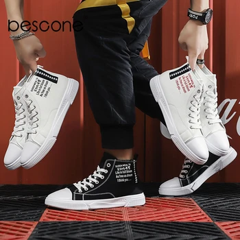 

BESCONE New Fashion Men Casual Shoes Outdoor Letter Print Seams Decoration Ankle High Cross-Tied Shoes Lace-Up Casual Shoes FB2