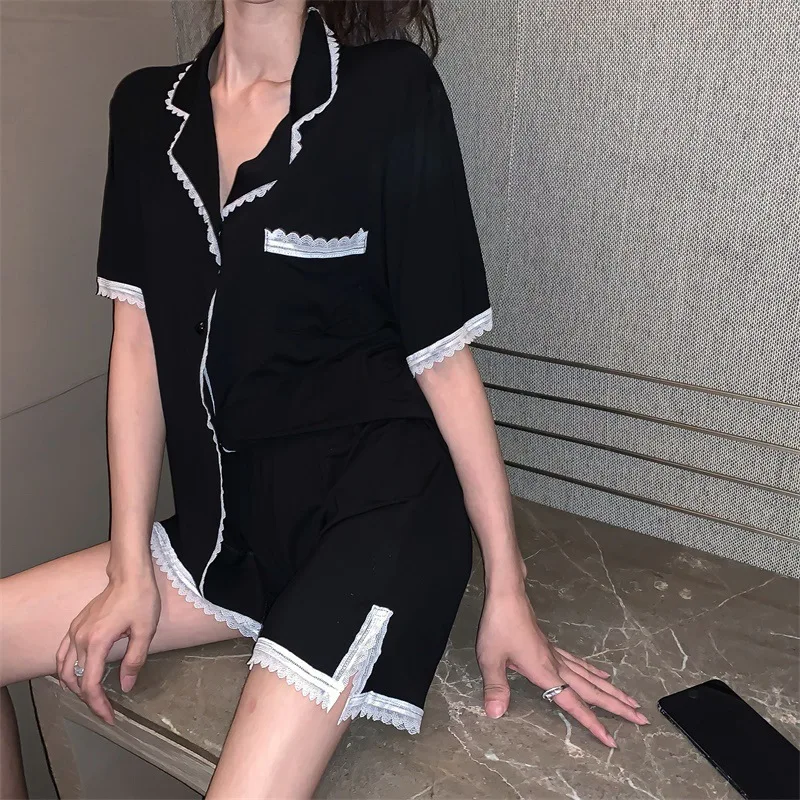 

Летний женский пижамный комплект, сексуальные кружевные тонкие свободные шорты, домашний сервис, комплект из 2 предметов