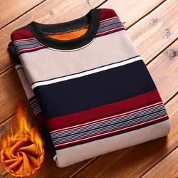 2024 New Men's Gold Velvet Thick Sweater, O-Neck Knitwear, Warm Pullover, Male Fashion, Stripe, New, Autumn, Winter