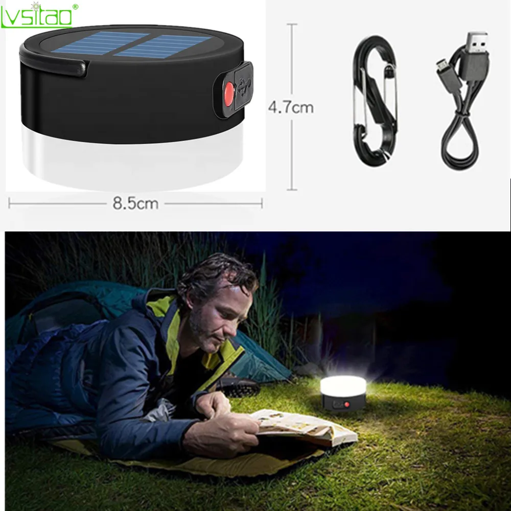 Portable Outdoor Solar Camping Lamp with USB Mobile Charging multifunction waterproof 4 levels dimming solar tent lamp with hook
