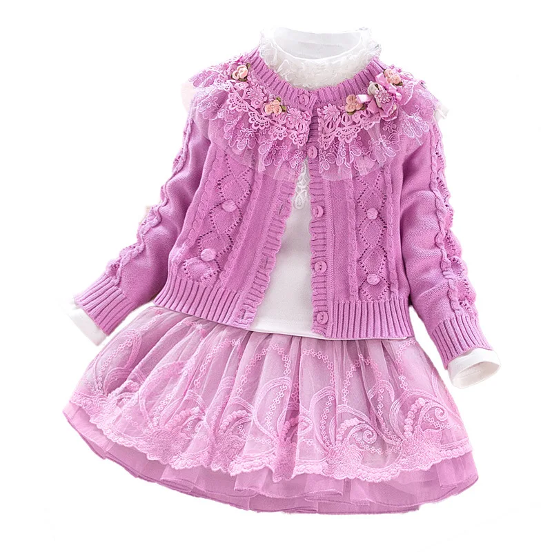 

Girls Plus Velvet Sweater T-shirt Skirts 3pcs Clothes Set 2020 Autumn Winter Child Knitting Lace Sweater Mesh Skirt Clothing Set