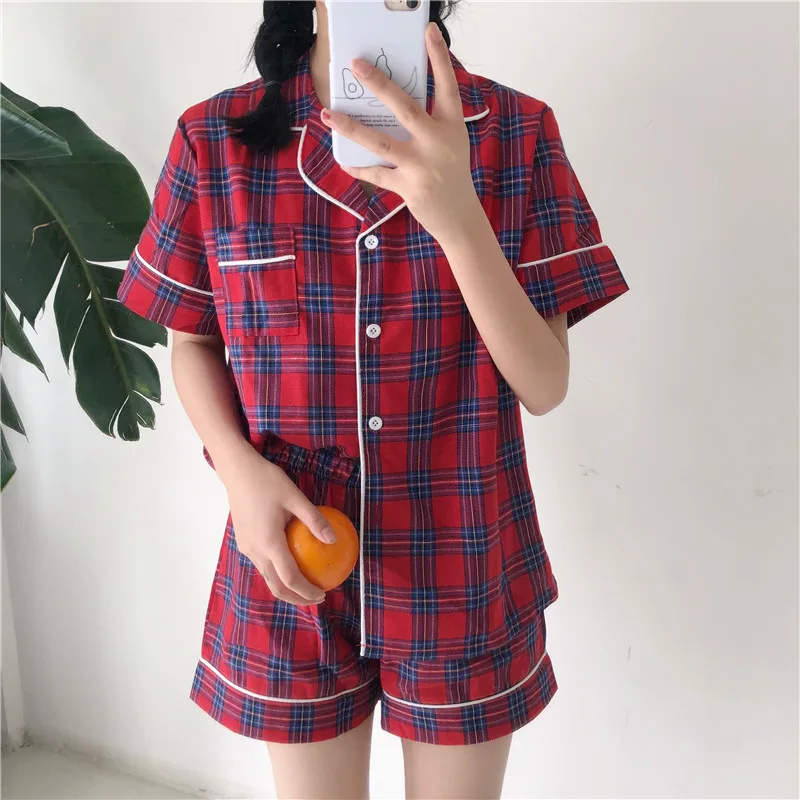 Новые летние Стиль корейско-Стиль модные Цвет Plaid студенты пижамы Женская одежда из комфортного материала Домашняя одежда верхняя одежда
