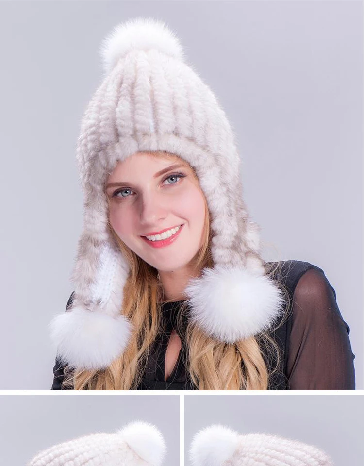 Норковые шапки переплетения Мех животных помпон обувь для девочек Gorro зима осень для женщин кепки утепленная одежда лиса меховые наушники