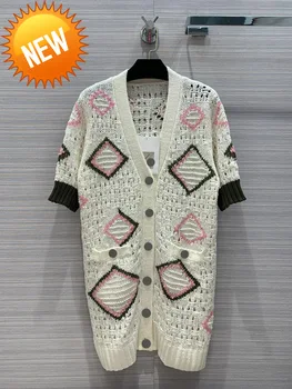 

Runway Designer Women Summer Argyle Embroidery Knitting Cardigans Ladies V Neck Button Vintage Loose Tops