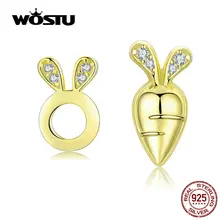 WOSTU,, Настоящее Стерлинговое Серебро, золотой цвет, зайчик и морковь, серьги-гвоздики для женщин, модное ювелирное изделие CTE198