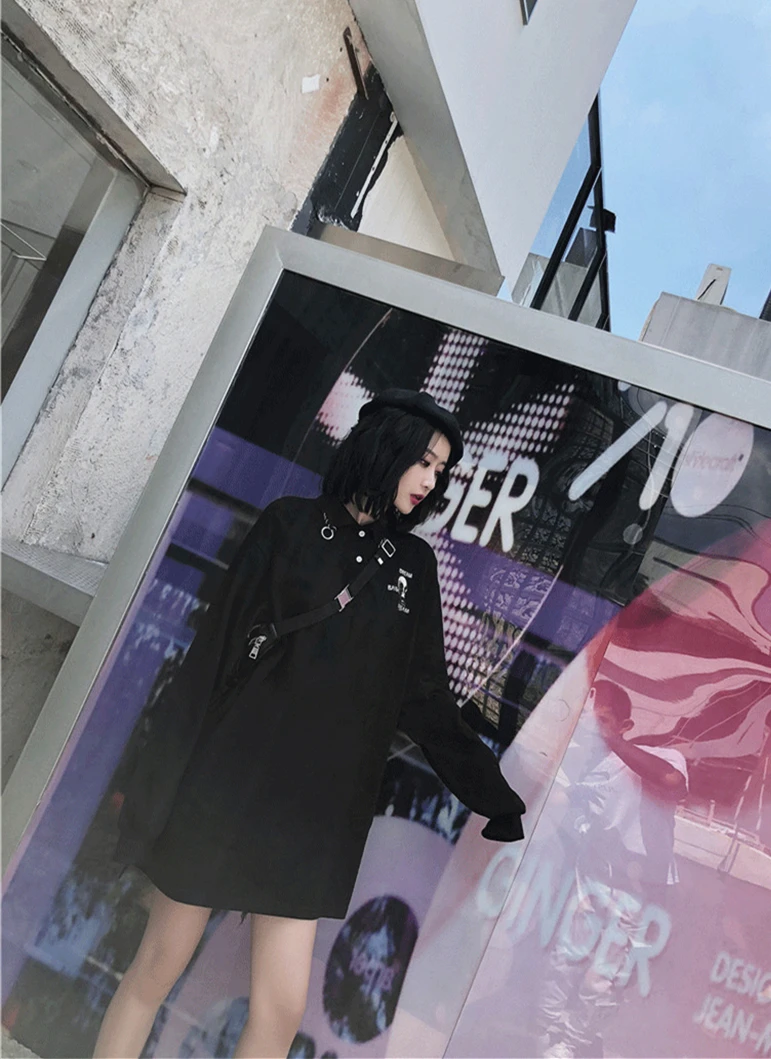 Осень и зима темно черный ветер harajuku колледж Металл Средней длины стиль Толстовка Женская Толстовка