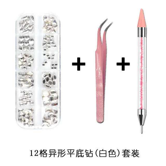 1Box Multi Size Glass Nail Rhinestones Mixed Colors Flat-back AB Crystal With tools 3D Charm Gems  Manicure Nail Art Decorations 010