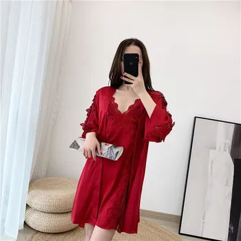 

2020 Spring And summer Women's Pajamas Fashion Casual Home Wear Two-piece Satin Chiffon Nightgown Feminine Sling