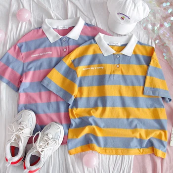 

Women Polo Collar Striped Blouse Girls Short sleeve Summer Loose Student Harajuku Lapel color matching Shirt Tops Preppy Style