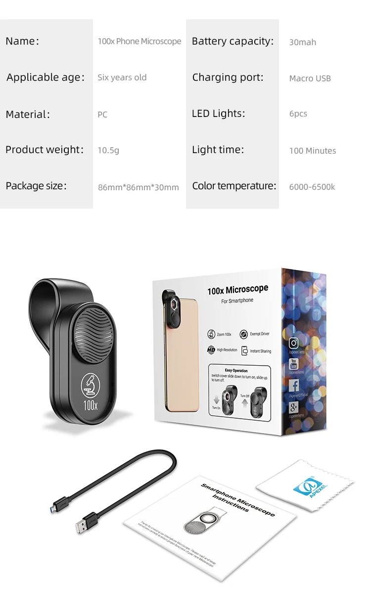 Lente do Telefone Microscópios de Vidro Conduziu a Luz com Grampo Universal para o Telefone Apexel Microscópio Micro Móvel Mini Bolso Lupa 100x 10 CONDUZIU A Luz Com Grampo Universal Para O telefone