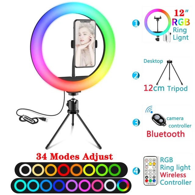 12in 30cm Selfie Ring Light RGB Tripod Phone Stand Holder Photography RingLight Circle Fill Light Led Color Lamp Trepied Makeup 12in RGB Type 7
