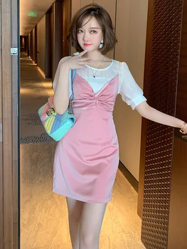 

Fashion Puff Sleeve Top + Cross Pleated Strapless Bra Dungaree Dress Two-Piece Women's Fashion Summer New Style