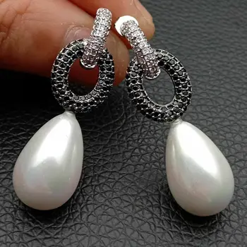 

Teardrop White Sea Shell Pearl Zircon pave Stud Earrings
