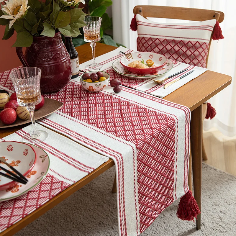 

Red Diamond Grid Table Runner, Simple Nordic Classic Table Mat, Tassel Jacquard Bed Towel, Desk Cover, Tea Room, Christmas Decor