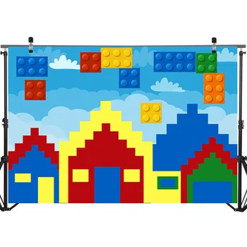 

NeoBack Lego Toy Birthday Photo Background Colorful House Children Kids Birthday Party Photography Backdrops for Photo Studio