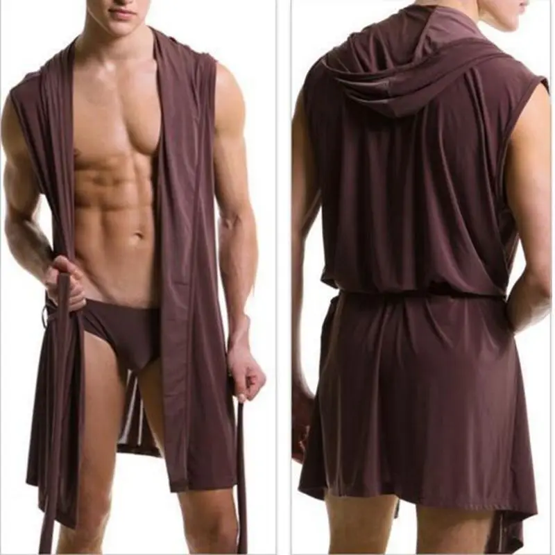 Popular European men s bathrobe comfortable ice cool silk men s hooded sleeveless bathrobe male bathrobe Popular European men s bathrobe comfortable ice cool silk men s hooded sleeveless bathrobe male bathrobe