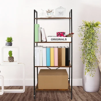 

4 Layer Vintage Industrial Bookcase Ladder Shelf Living Room Bedroom Floor Shelf Stable Metal Frame and Chipboard HWC