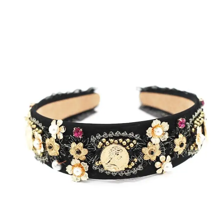 Барокко Золотая монета жемчужина кружева металла цветок моды подиума hairband вечерние аксессуары для волос