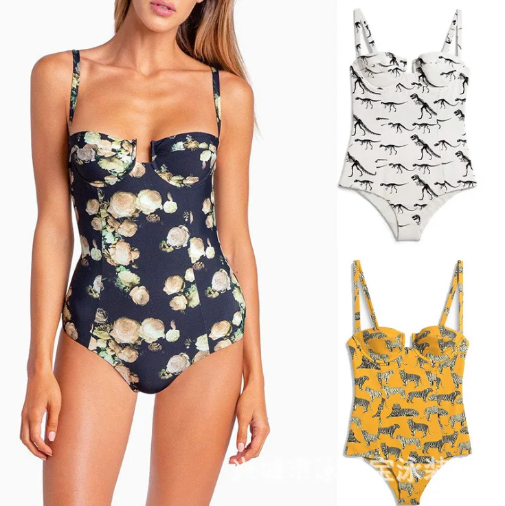

Europe And America Foreign Trade 2019 New Style AliExpress Hot Selling Bikini Tiger Dinosaur Printed Underwire Hard One-piece Sw
