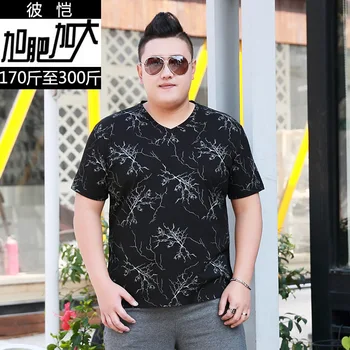 

Men Plus Fat Plus Size V Collar Art Description Printing Pattern Short Sleeve Top Extra Large T Shirt Tide