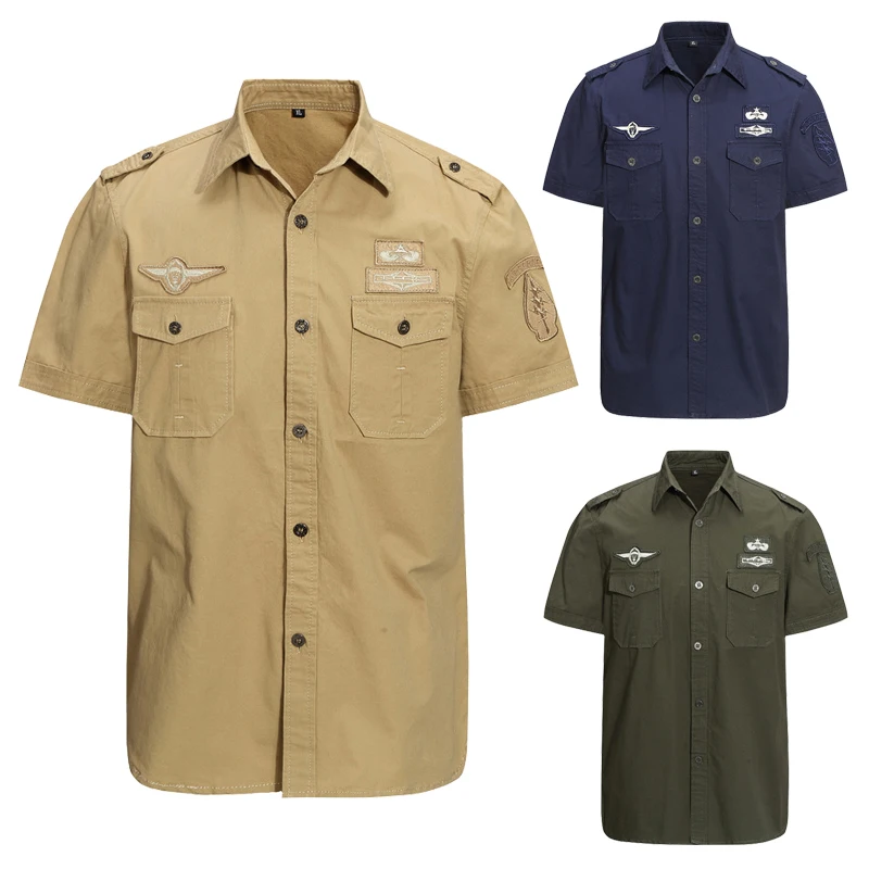 Camisa militar de talla grande para hombre, Camisa de algodón sólido, Cargo, pantalones cortos tácticos de manga corta, de trabajo, con botones, novedad de 2020