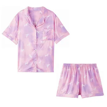 

2020 Unicorn Pajamas for Womens Sleepwear Nightie Silk Pyjamas Two Piece Set Women Summer Home Clothes Nuisette Femme