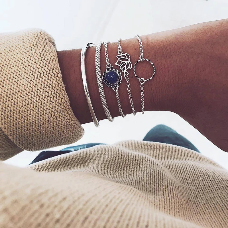 5pcs/set Fashion Personality Vintage Multilayer Lotus Circle Simple Bracelet Boho Style Temperament Chain | Украшения и
