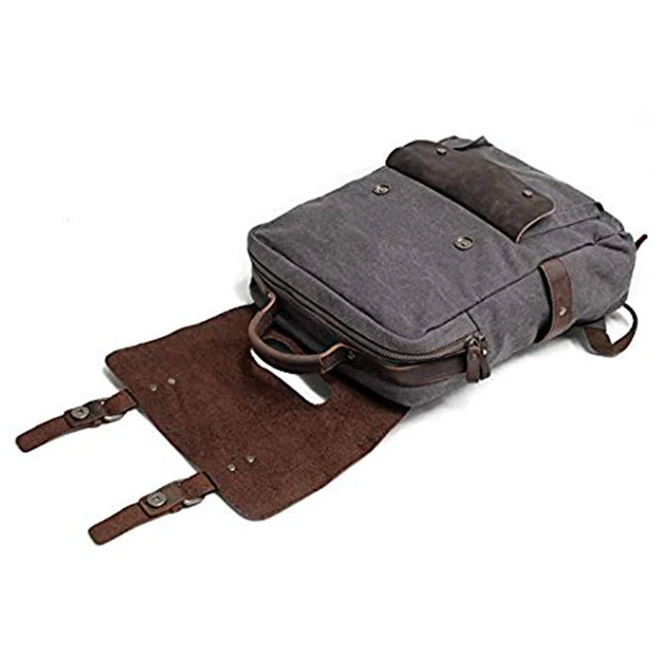 Men Leather Canvas Rucksack Laptop Backpack College School Bookbag(Dark Gray)