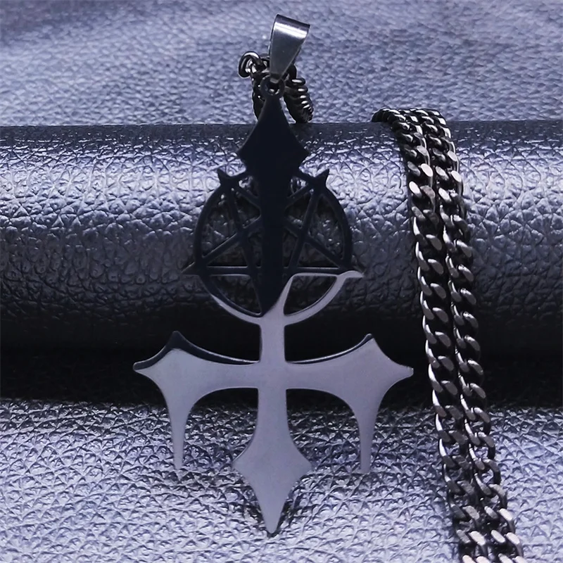 Goth Pentagramm Siegel Satan Kreuz Halskette für Männer Edelstahl Schwarz Y2k Gothic Stern Luzifer Schmuck Halloween Geschenk N3002 – Detail 9