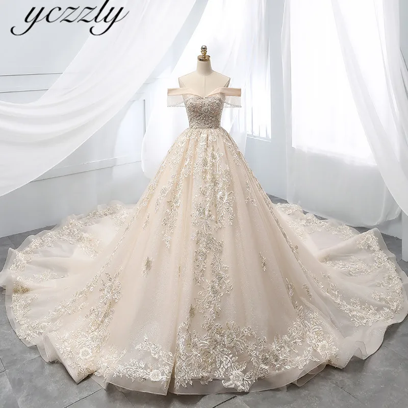 Vestido De Casamento великолепное бальное платье цвета шампанского Кружева Аппликации Свадебные платья из жемчуга плюс размер с открытыми плечами невесты платье W135