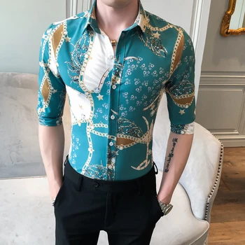 

2020 Summer Men Shirt Half Sleeve Fashion Digital Print Casual Shirts For Men Streetwear Slim Fit Tuxedo Dress Blouse Men 3XL-M