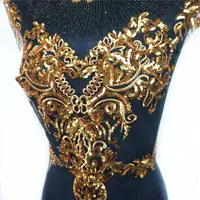 Black & Gold Sequin Lace Fabric with Tassel Applique - Perfect for Royal Wedding Gown - Image 4