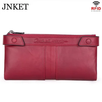 

JNKET New Retro Women's RFID Blocking Wallet Cowhide Clutch Bag Zipper Long Wallet Billfold Bank/ID Card Holder Wallet Handbag