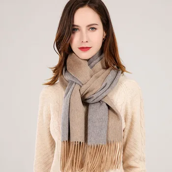 

2020 Winter Autumn 100% Wool Scarf Women Tassels Warm Elegant Long Sheep Wool Scarves Ladies Luxury Design Two-Colors Wool Scarf