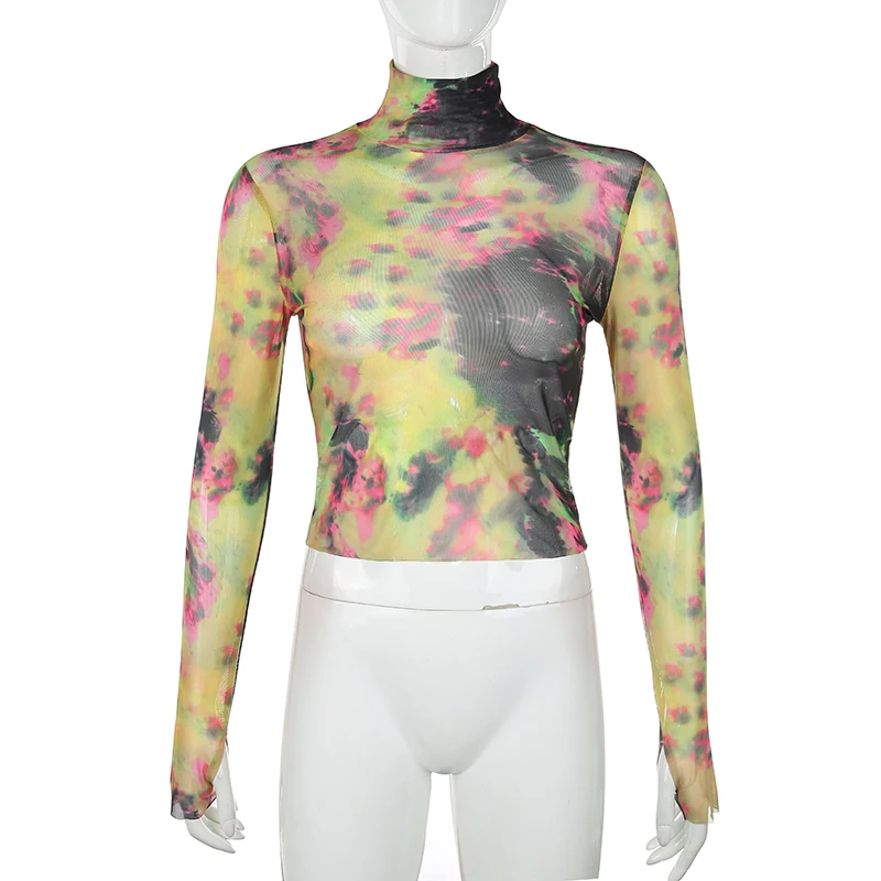 Waatfaak Tie Dye сексуальная прозрачная Сетчатая футболка женская футболка с длинным рукавом Водолазка укороченная футболка Повседневная Базовая укороченная футболка