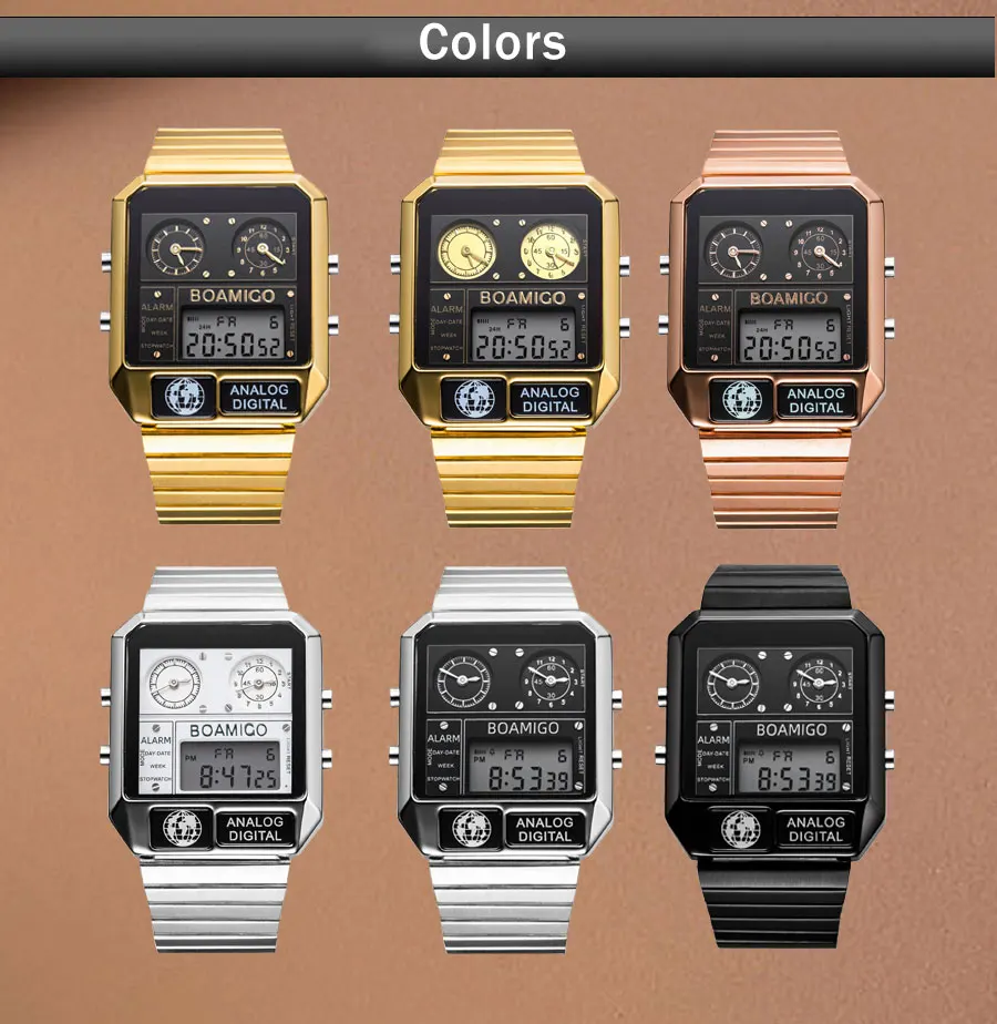 2020 new BOAMIGO brand men 3 time zone watch man sport digital watches stainless steel military quartz watch relogio masculino