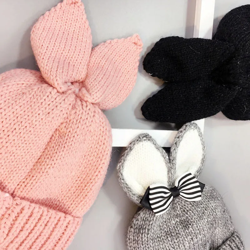Зимняя теплая шапка для младенца, Милая кроличья шляпа с заячьими ушками, детская вязаная шапка с бантиком, плюшевая детская шляпа, шапочка