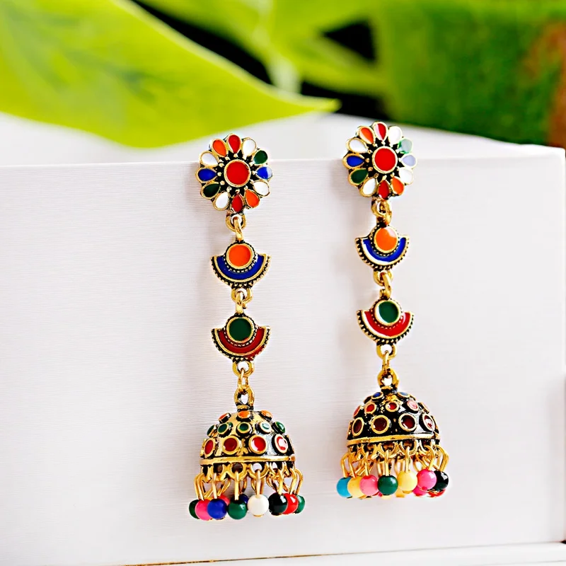 Ретро красный цветок индийский болливуд кундан Jhumka серьги для женщин этнические бусы колокольчик-кисточка цыганская мода ювелирные изделия