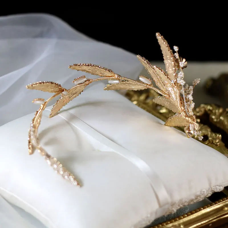 NiuShuya  Leaf Tiara Rhinestone Crown Diadema Wedding Headband Pearl Hair Jewelry Handmade Beads Hair Ornament